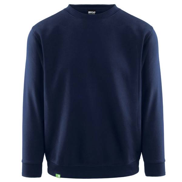 Marineblaues Langarm-Sweatshirt mit Rundhalsausschnitt, kleines Logo am Kragen und Saum, Vorderansicht auf weißem Hintergrund dargestellt.
