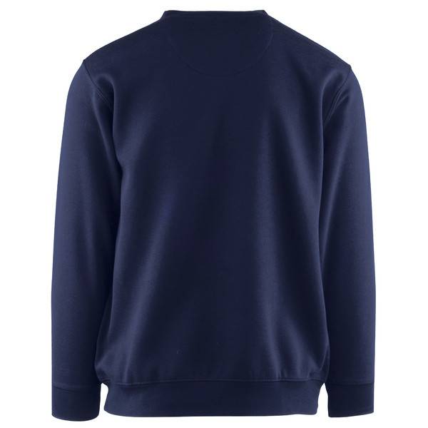 Marineblaues Sweatshirt mit Rundhalsausschnitt und langen Ärmeln, Vorderansicht auf einfarbig weißem Hintergrund dargestellt.