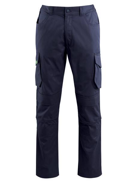 Marineblaue Cargo-Arbeitshose mit mehreren Taschen und verstärkten Knien, Vorderansicht auf weißem Hintergrund.