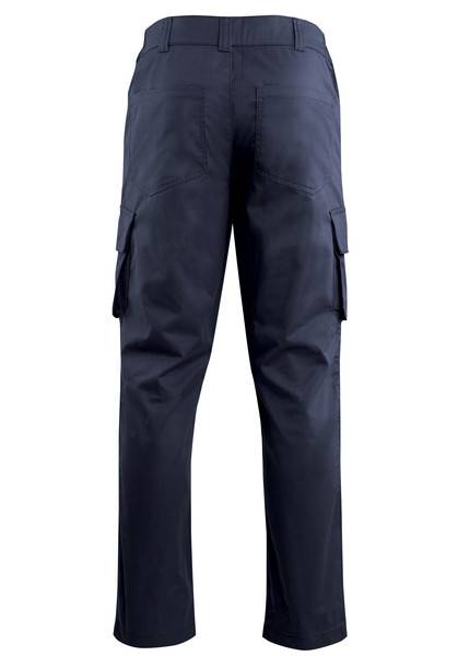 Marineblaue Cargo-Hose mit seitlichen Klappentaschen, Vorderansicht auf weißem Hintergrund.