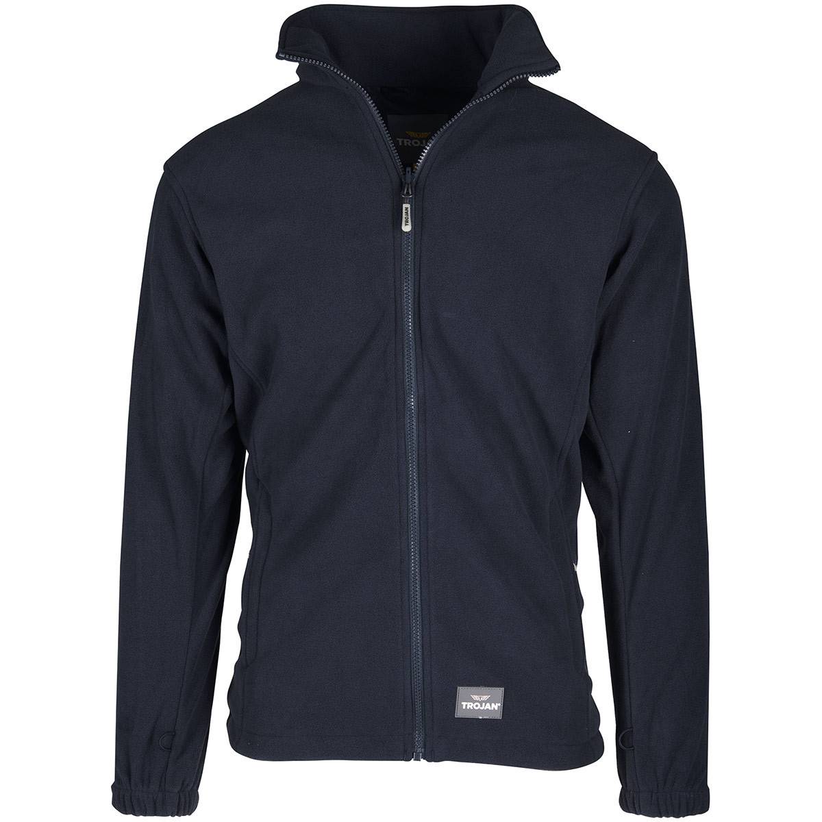 Dunkelblaue Jacke mit Reißverschluss und hohem Kragen sowie elastischen Bündchen, Vorderansicht auf einfachem weißem Hintergrund.