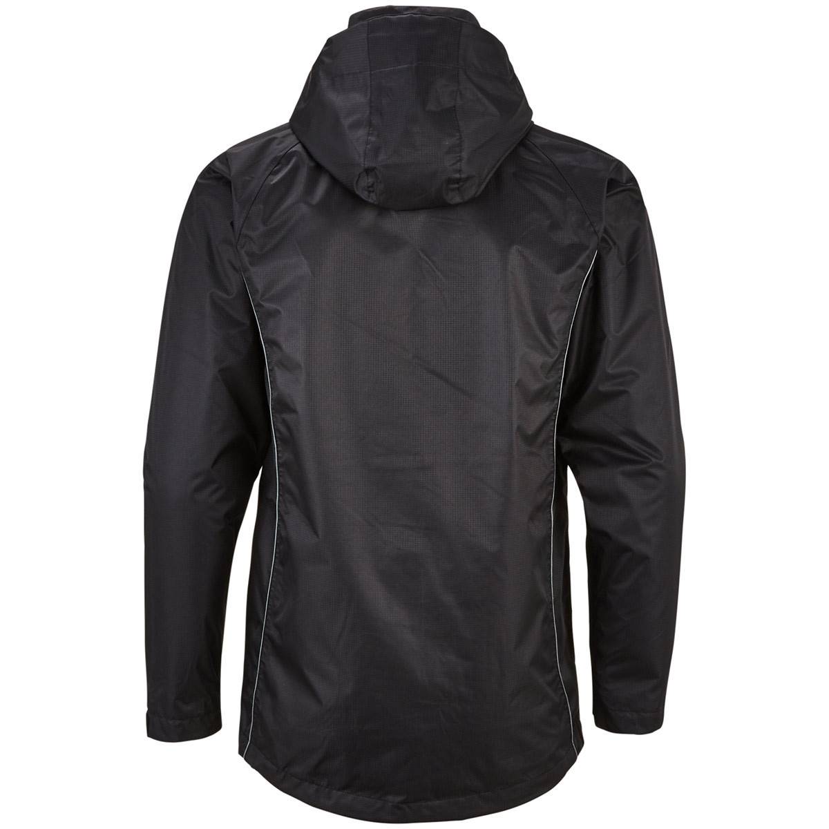 Schwarze Kapuzenjacke von hinten auf einfachem weißem Hintergrund gezeigt, mit langen Ärmeln und leicht geschwungenem Saum.