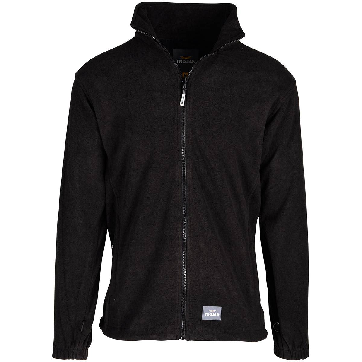 Schwarze Jacke mit durchgehendem Reißverschluss, Stehkragen und langen Ärmeln, Vorderansicht auf weißem Hintergrund.