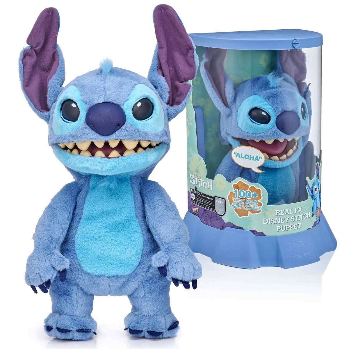 Blue Stitch Plüsch-Handpuppen-Spielzeug neben seiner Verpackung stehend, mit beweglichem Mund und Ohren und 