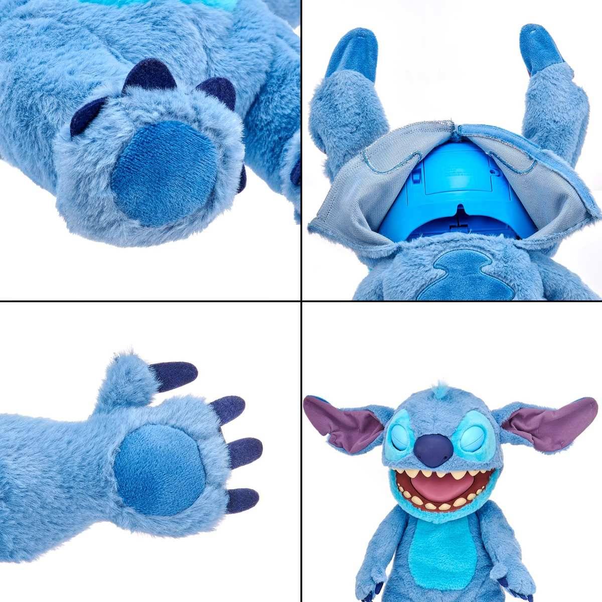 Vierteiliges Produktbild einer blauen Plüschfigur, das verborgene Funktionen zeigt: Pfotenballen, Rückenseite mit Öffnung, Pfotensohle und vollständige lächelnde Figur mit großen Ohren.