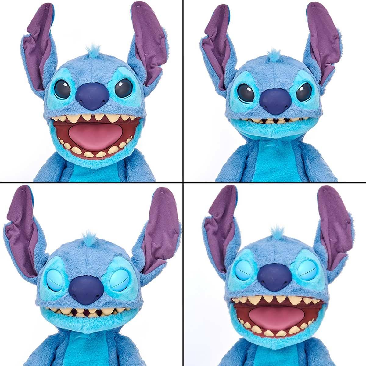 Vier Ansichten eines blauen Stitch-Plüschtiers mit violetten Ohren, gezeigt mit offenen und geschlossenen Mundausdrücken auf weißem Hintergrund.