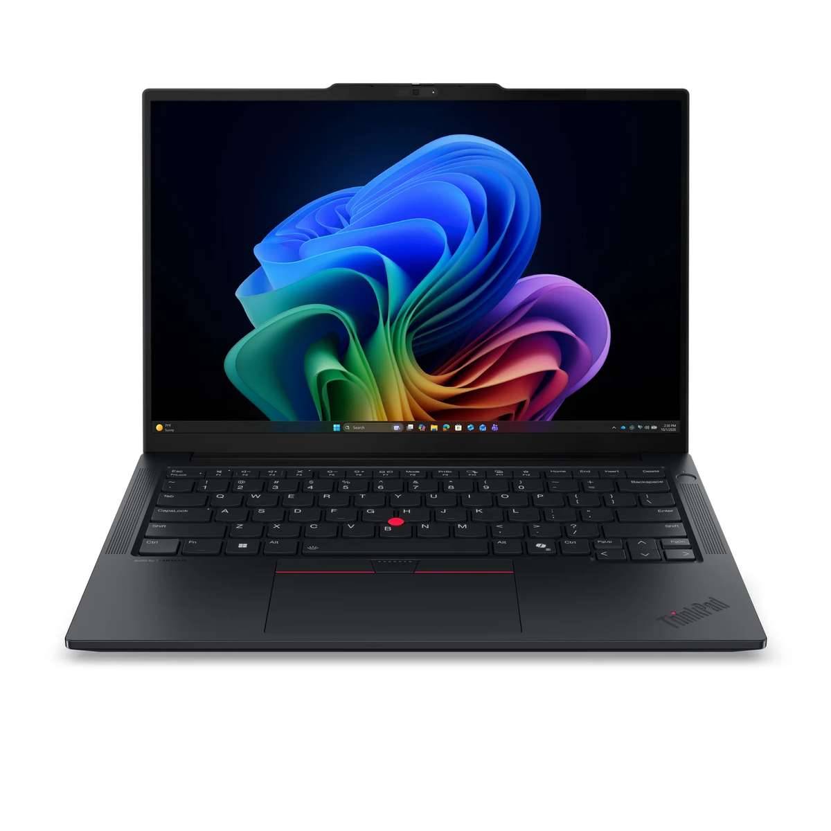 Ein schwarzer Lenovo ThinkPad Laptop, aufgeklappt auf weißem Hintergrund, mit einer farbenfrohen Windows-11-ähnlichen abstrakten Tapete auf dem Bildschirm.
