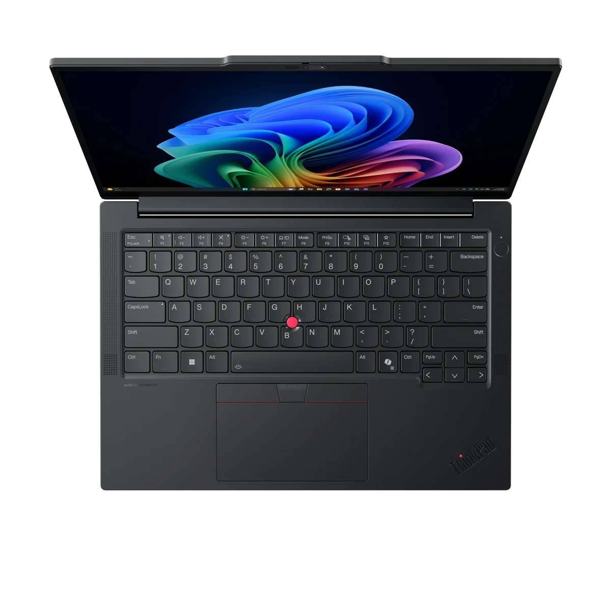 Draufsicht auf einen offenen schwarzen ThinkPad-Laptop mit farbenfroher abstrakter Tapete, Tastatur, Trackpad und rotem TrackPoint.