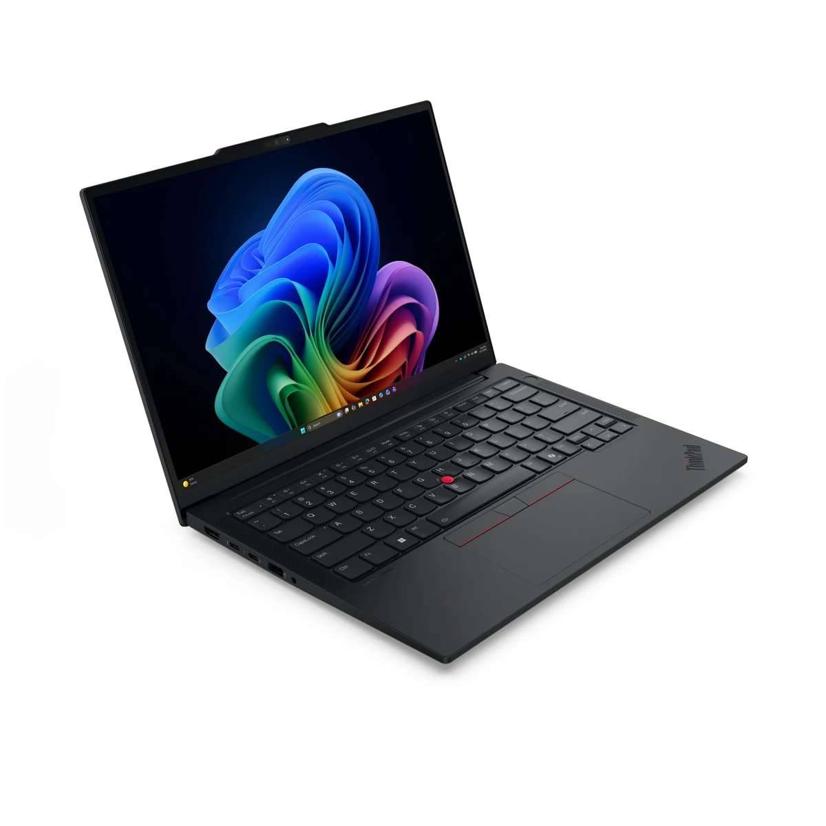 Schwarzer Lenovo ThinkPad-Laptop, der im Winkel geöffnet angezeigt wird, mit einem farbenfrohen abstrakten Windows-ähnlichen Hintergrundbild auf dem Bildschirm.