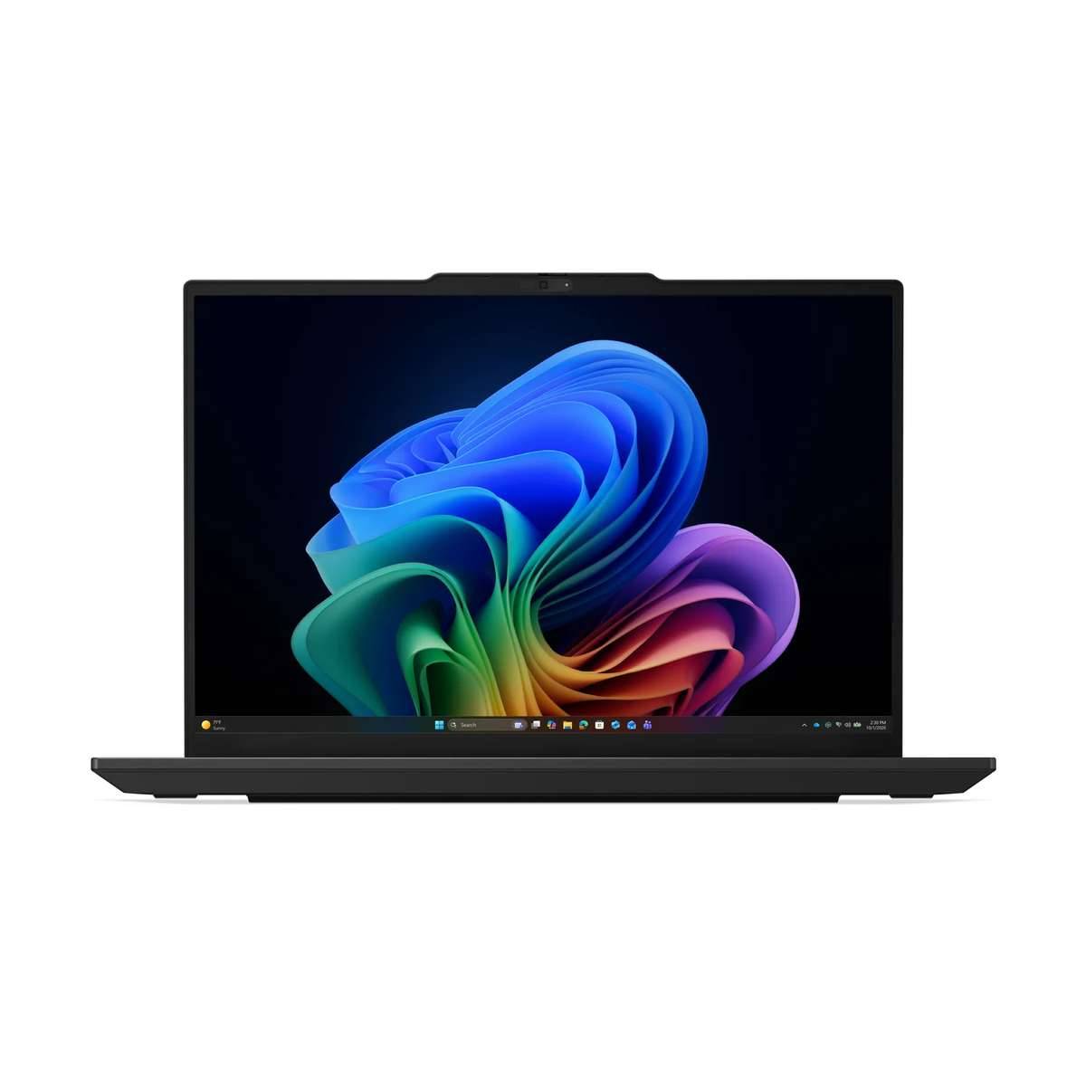 Schwarzer Laptop, offen auf weißem Hintergrund, zeigt ein buntes abstraktes Windows-artiges Hintergrundbild auf dem Bildschirm.
