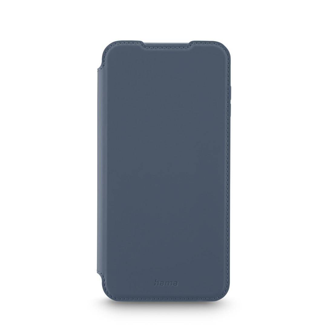 Blaue Smartphone-Flip-Schutzhülle mit einfacher Vorderseite und abgerundeten Ecken auf weißem Hintergrund.