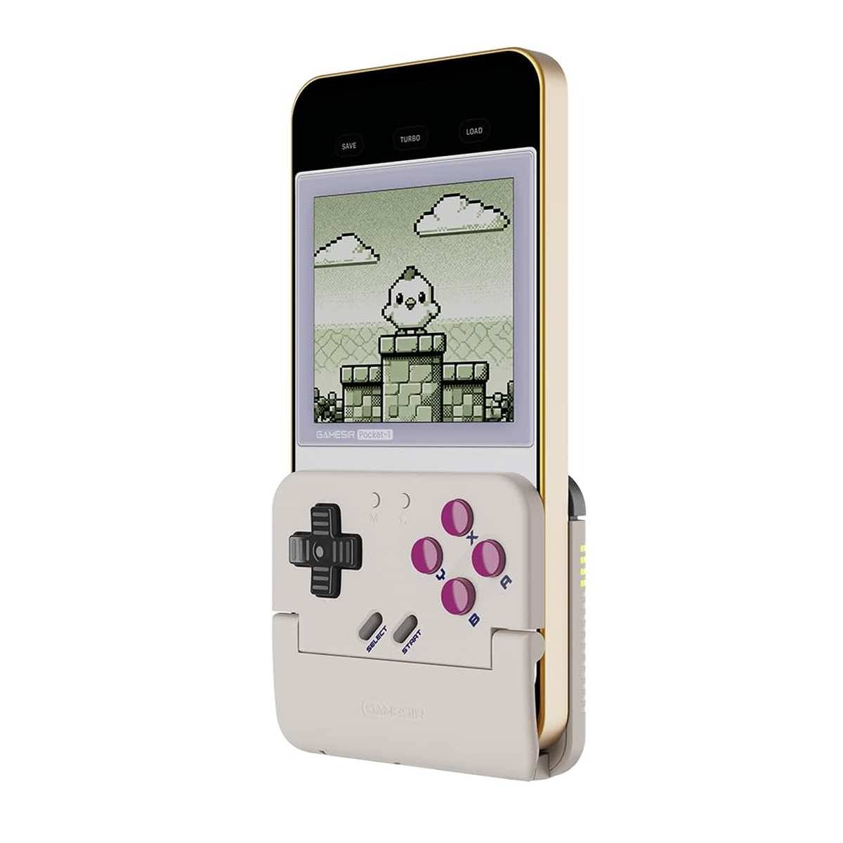Ein Smartphone in einem Gehäuse einer tragbaren Retro-Spielkonsole, das auf dem Bildschirm ein Pixel-Art-Spiel anzeigt, mit einem D-Pad und Spieltasten auf der Vorderseite.