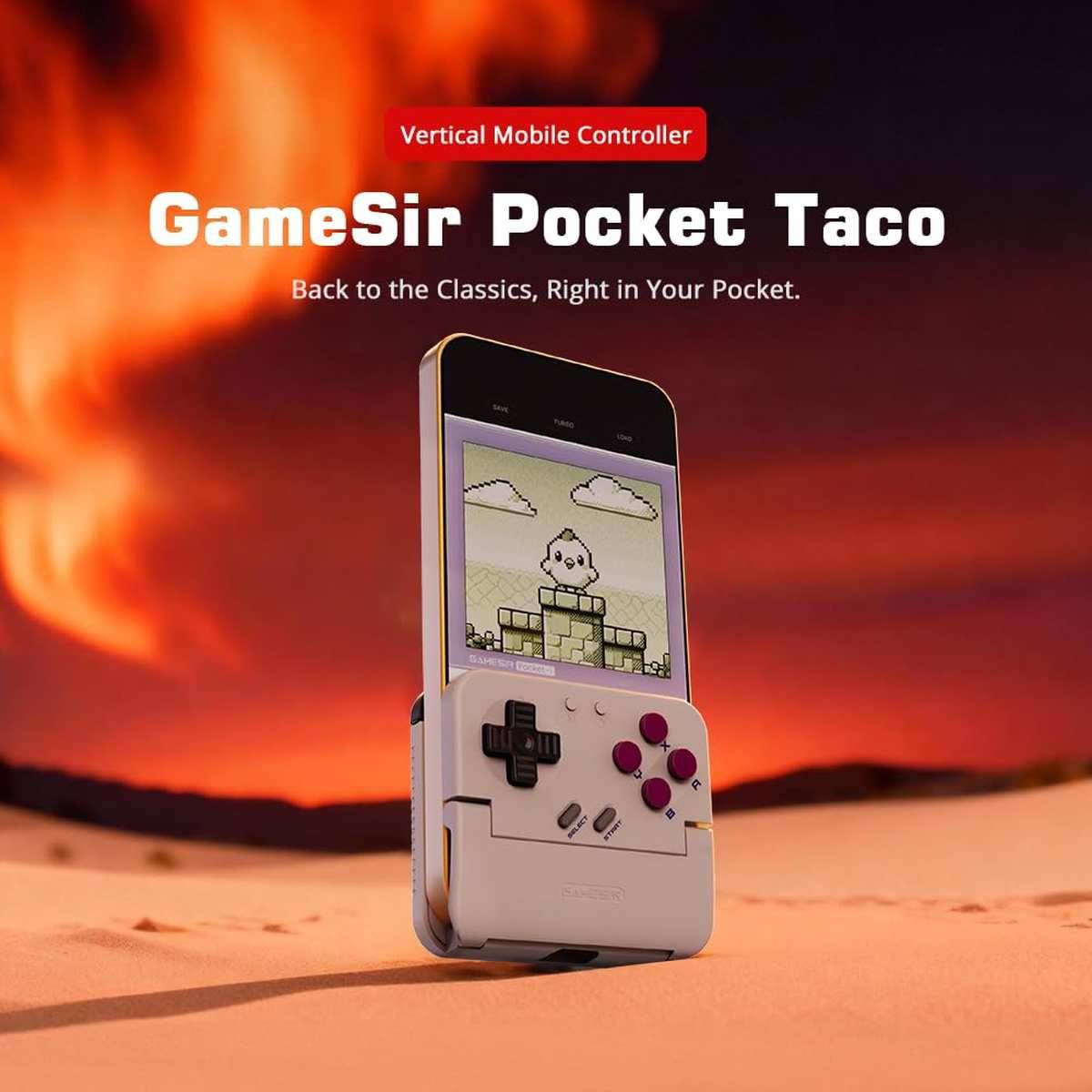 Werbebild des GameSir Pocket Taco vertikalen Mobil-Controllers, der an einem Smartphone befestigt ist, gezeigt in einer Wüstenszene mit dem Tagline „Zurück zu den Klassikern, direkt in deiner Tasche."