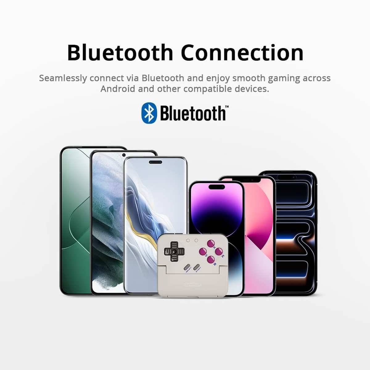 Bluetooth-Verbindungspromo mit dem Bluetooth-Logo und Text, mehrere Smartphones und einen Retro-Spielcontroller zeigend, die kabelloses Cross-Device-Gaming auf Android und kompatiblen Geräten andeuten.
