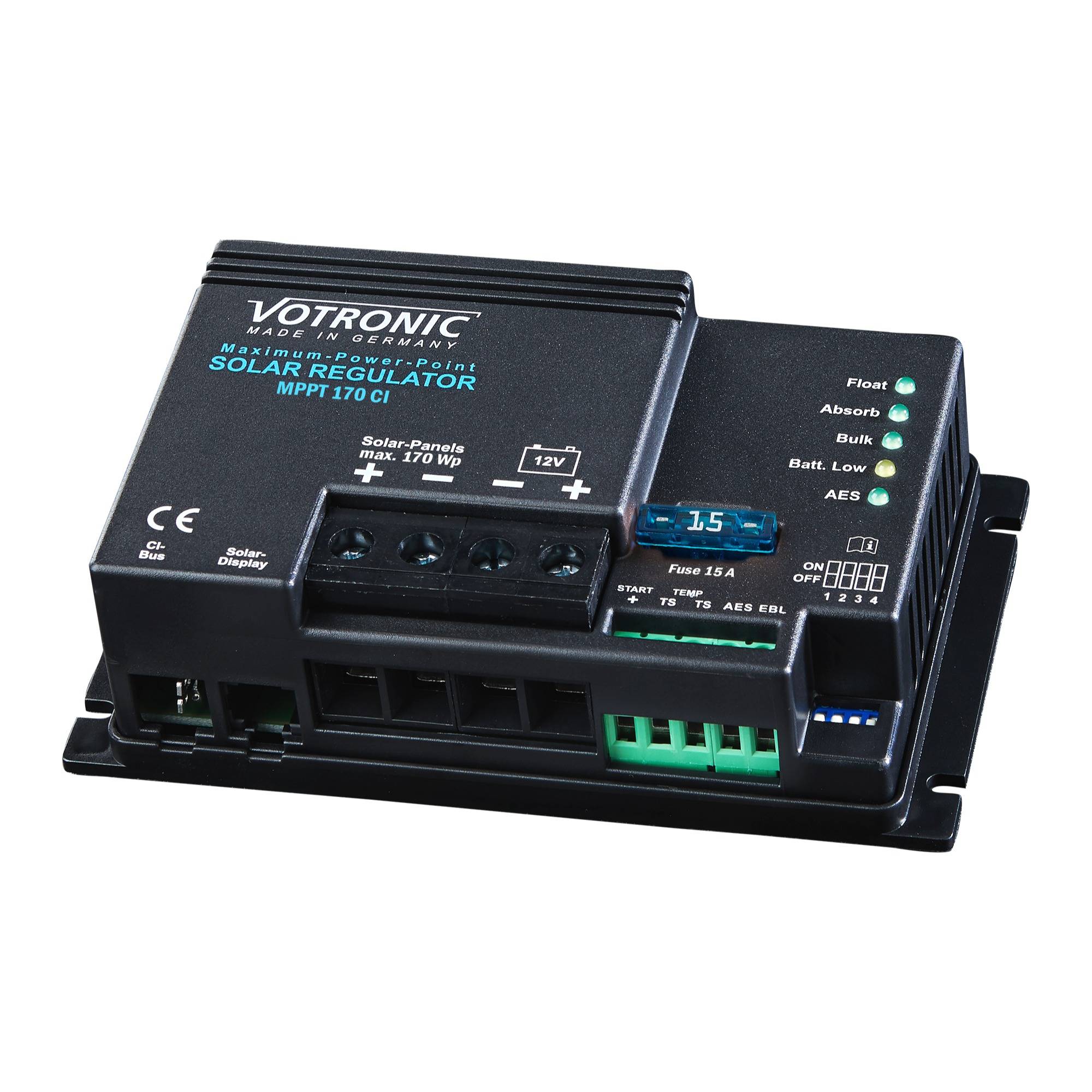 Black Votronic Solarladeregler mit Status-LEDs, Anschlüssen und Sicherung, auf weißem Hintergrund dargestellt.