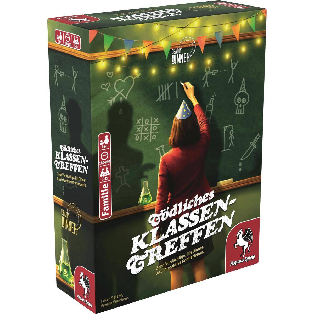 Brettspielbox mit einer Frau, die an einer Tafel in einer Klassenzimmer-Mottoparty-Szene schreibt; Titel „Tödliches Klassen-Treffen