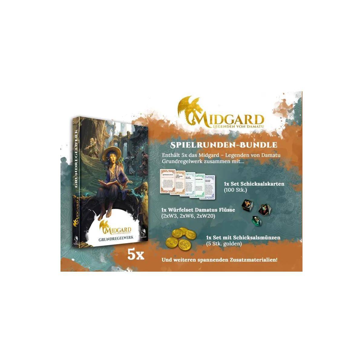 Werbegraphik für das Midgard-Tabletop-Rollenspiel 'Spielrunden-Bundle' mit fünf Kernregelwerken plus Karten, Würfeln, Münzen und Zusatzmaterialien.