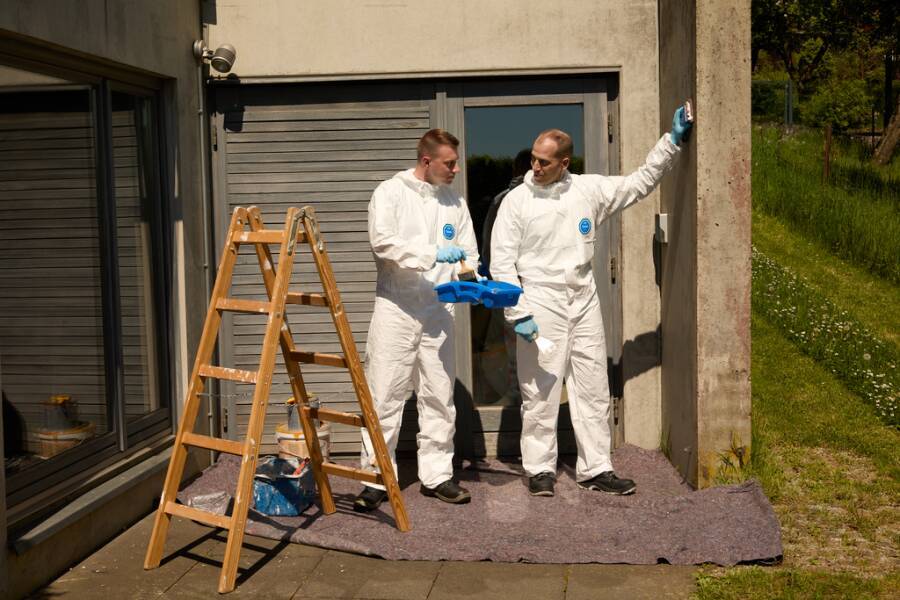 Zwei Männer in Schutzanzügen und Handschuhen inspizieren eine Außenmauer neben einer Leiter, was auf Hausreparaturen oder Arbeiten zur Beseitigung von Gefahrstoffen hindeutet.