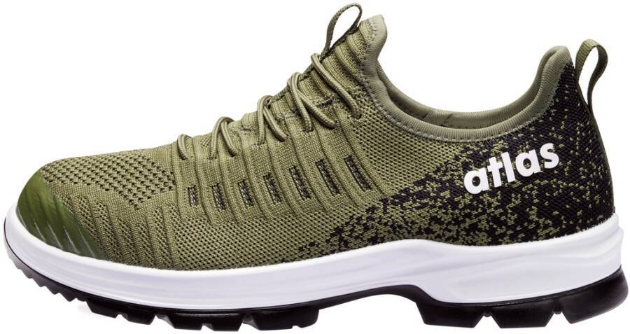 Olivgrüner und schwarzer Sportschuh in Seitenansicht mit weißer Sohle und „Atlas