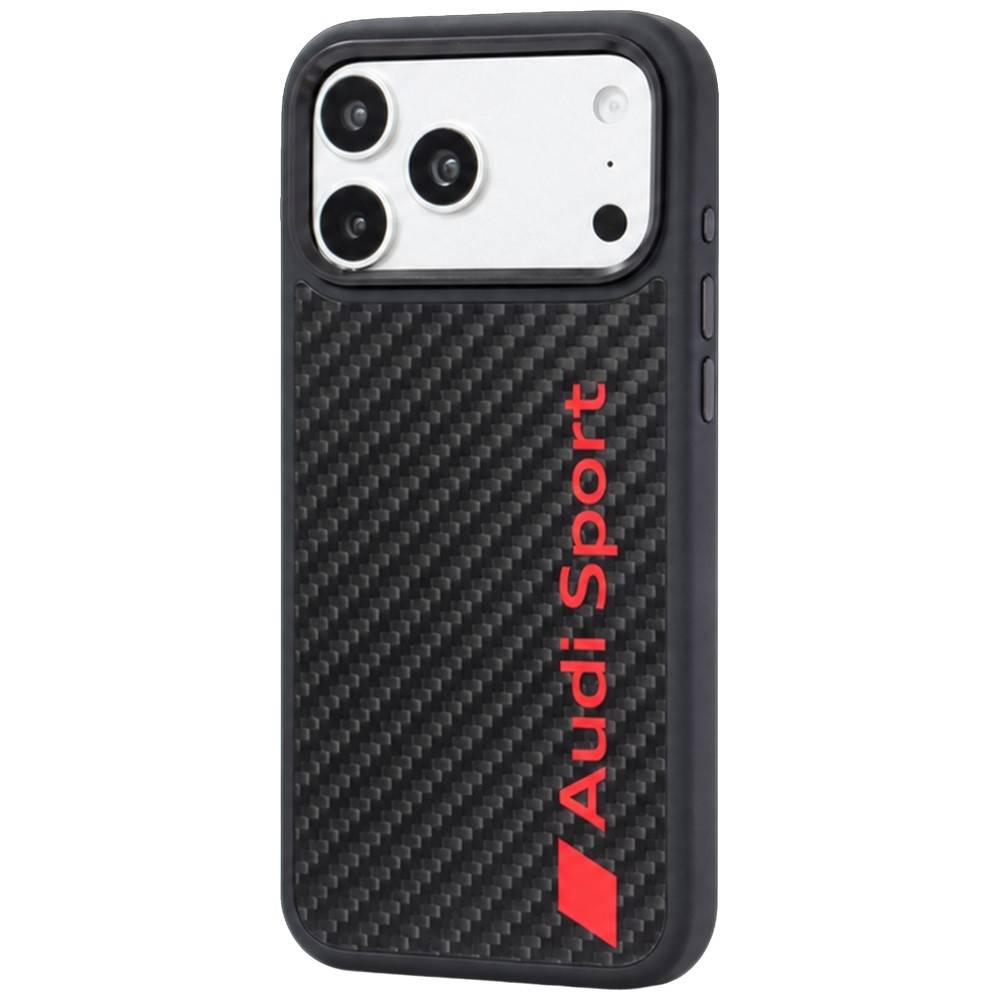 Schwarze Handyhülle mit Karbonfaser-Textur und rotem „Audi Sport"-Logo, shown on the back of a smartphone.