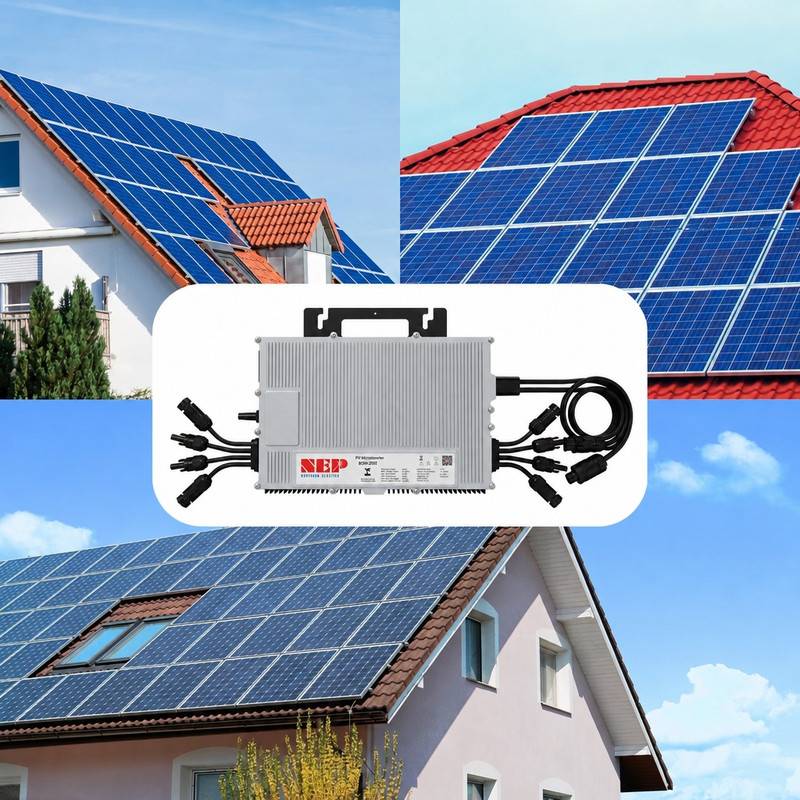 Solarpanele auf Hausdächern mit einem zentralen Wechselrichter und verbundenen Kabeln, die ein Wohnhaus-Solarkraftwerk darstellen.