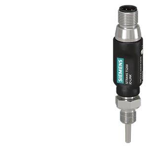 Industrieller Siemens-Sensor mit Gewindeanschlüssen aus Metall und zylindrischem schwarzem Gehäuse auf weißem Hintergrund.