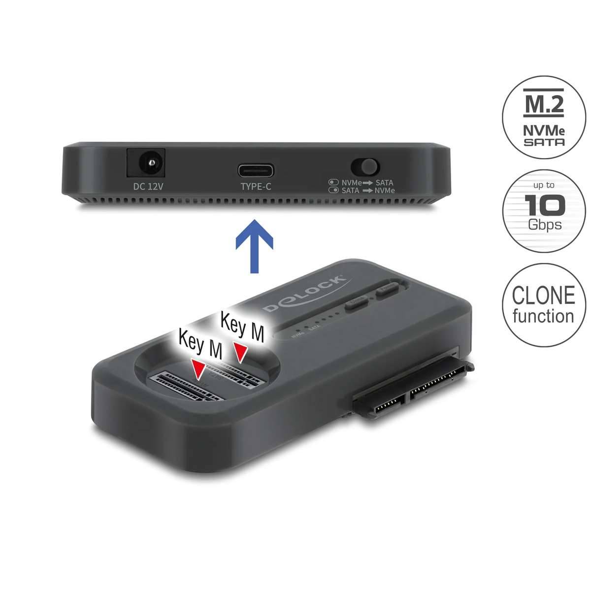Delock USB Type-C™ M.2 Dockingstation für 1 x M.2 NVMe SSD / 1 x M.2 SATA SSD / 1 x SATA SSD / HDD mit Klonfunktion
