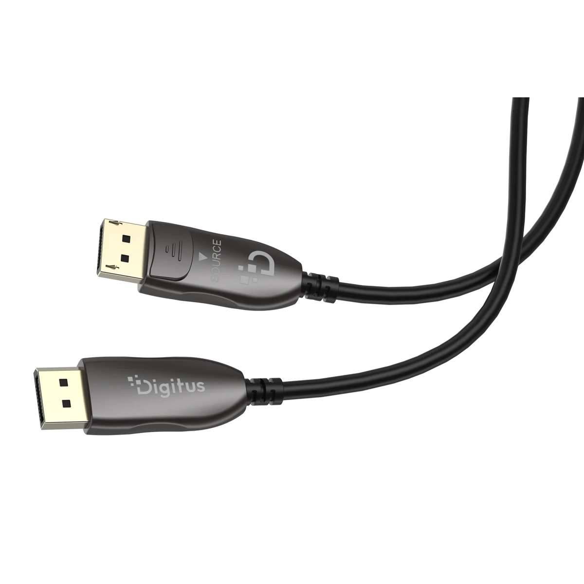 Zwei schwarze DisplayPort-Kabelstecker der Marke Digitus auf weißem Hintergrund.