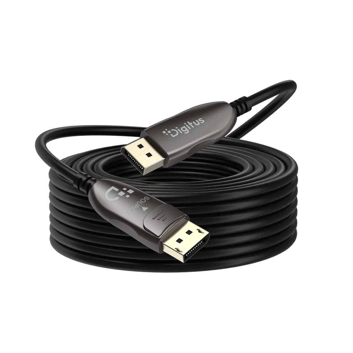 Aufgerolltes schwarzes Kabel mit zwei vergoldeten DisplayPort-Anschlüssen, Marke Digitus, auf weißem Hintergrund dargestellt.