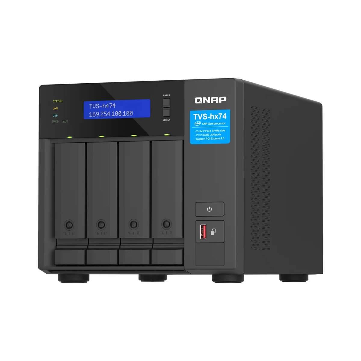QNAP TVS-hx74 NAS-Speicherserver mit vier Schächten, Frontdisplay, Statusleuchten, Laufwerkschächten und Stromschalter auf weißem Hintergrund.