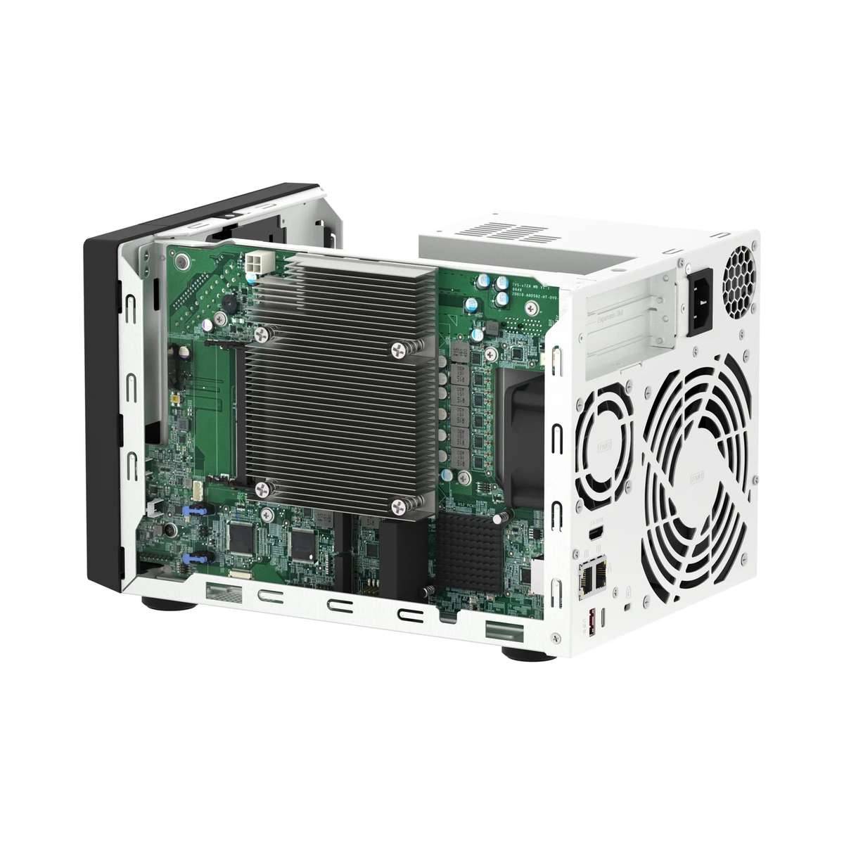Offenes kompaktes Computersystem mit freiliegender interner Leiterplatte, großem Kühlkörper und zwei Kühlventilatoren auf der rechten Seite.