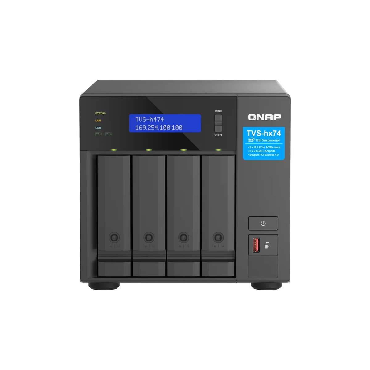 Frontansicht eines QNAP TVS-h474 Vier-Schacht-NAS-Speichergeräts mit Laufwerkschächten, Statusanzeige, Netzschalter und USB-Anschluss.