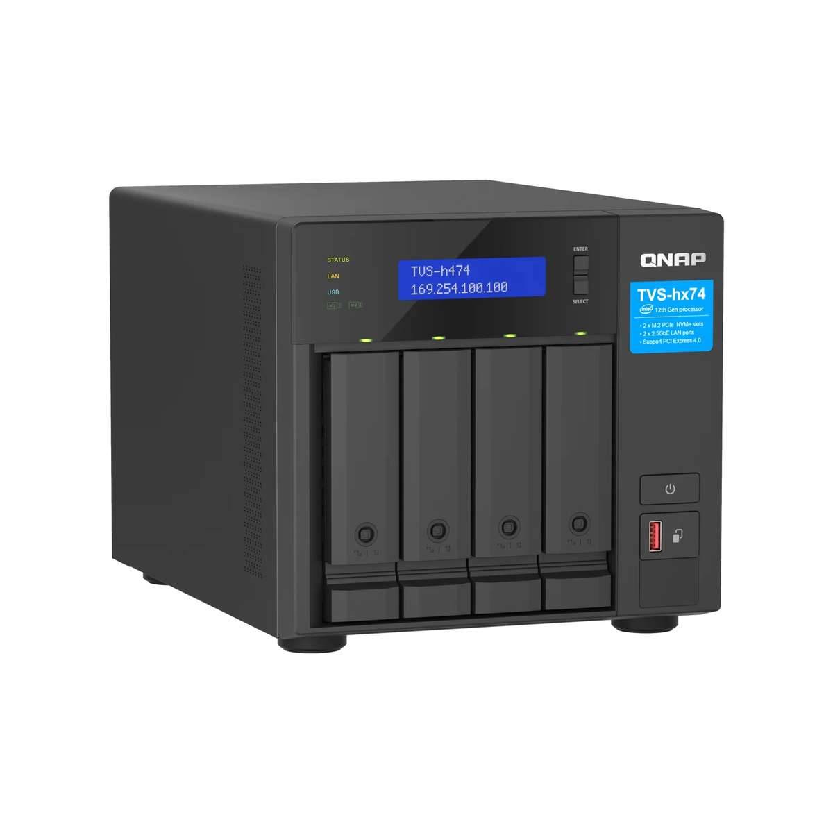 Schwarzes QNAP TVS-h74 NAS-Gerät mit vier Festplattenschächten an der Vorderseite, blauem LCD-Statusdisplay und Stromversorgung-/USB-Steuerungen.