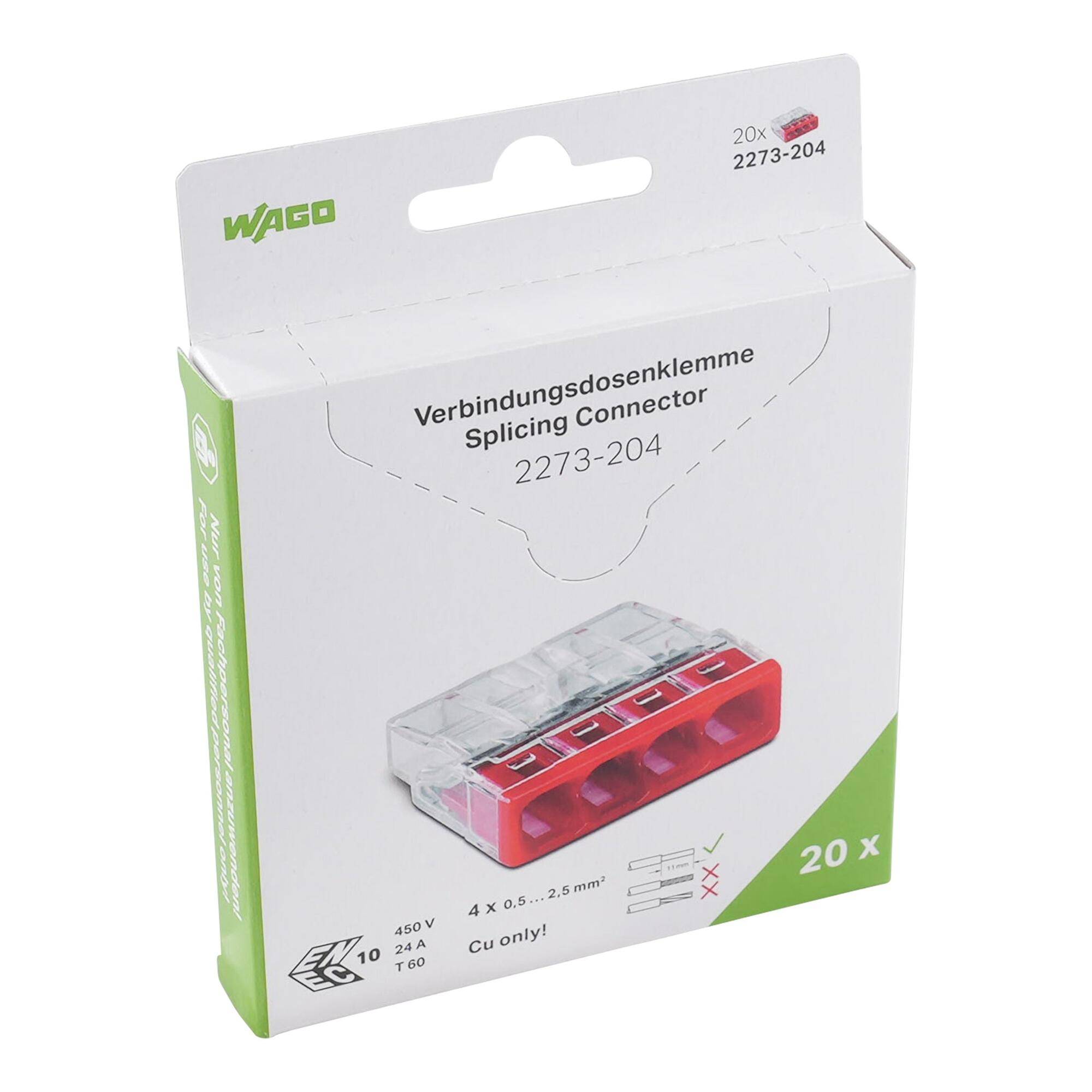 WAGO 2273-204 Verbindungsklemmen-Paket, zeigt einen 4-adrigen durchsichtigen roten Verbinder und Kennzeichnung für 20er-Pack.