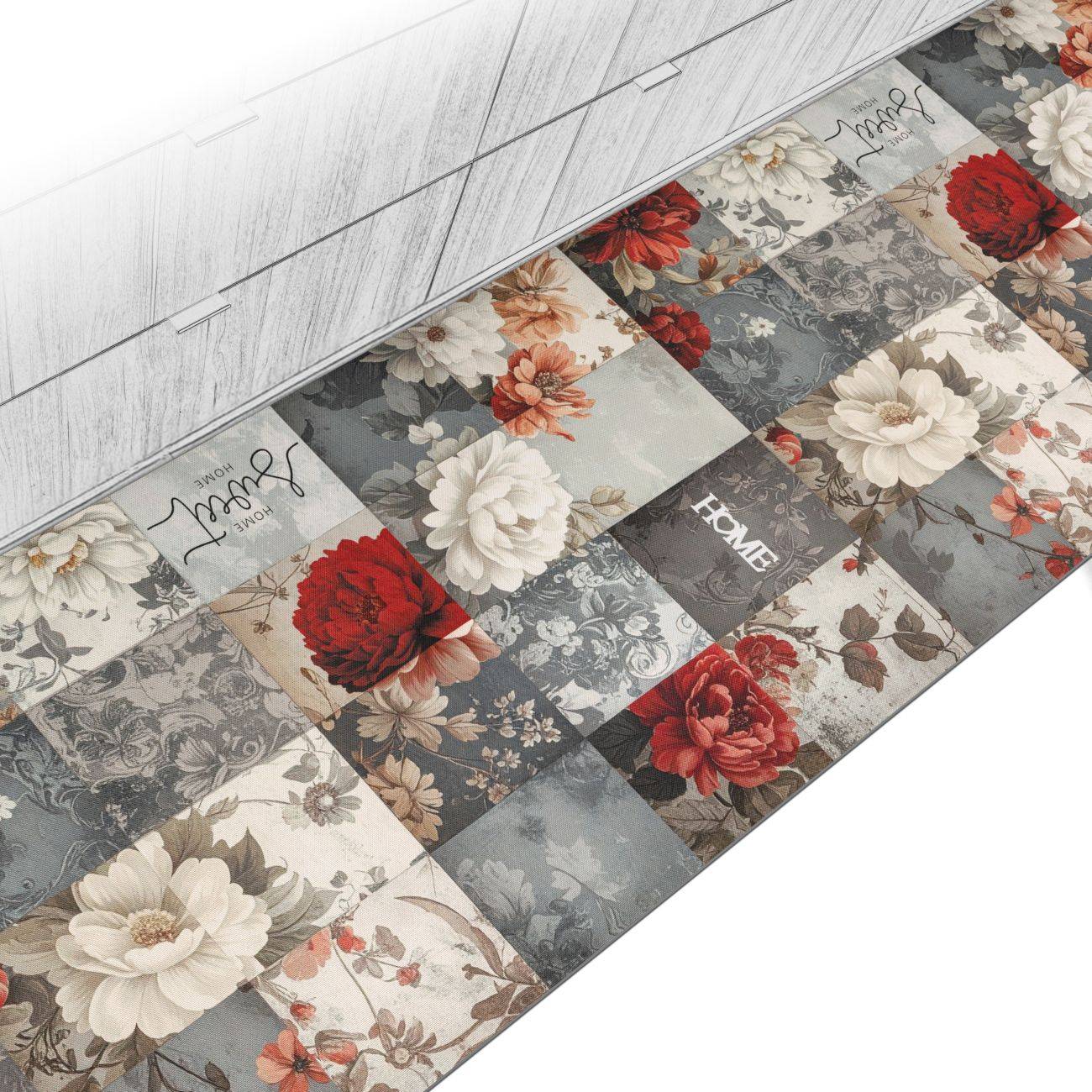 Patchwork-Stil Blumen-Bodenmatte oder Teppich mit gemischten grau, creme, rot und pfirsichfarbenen Blumenblöcken, einschließlich des Wortes "HOME"" auf einem Quadrat.
