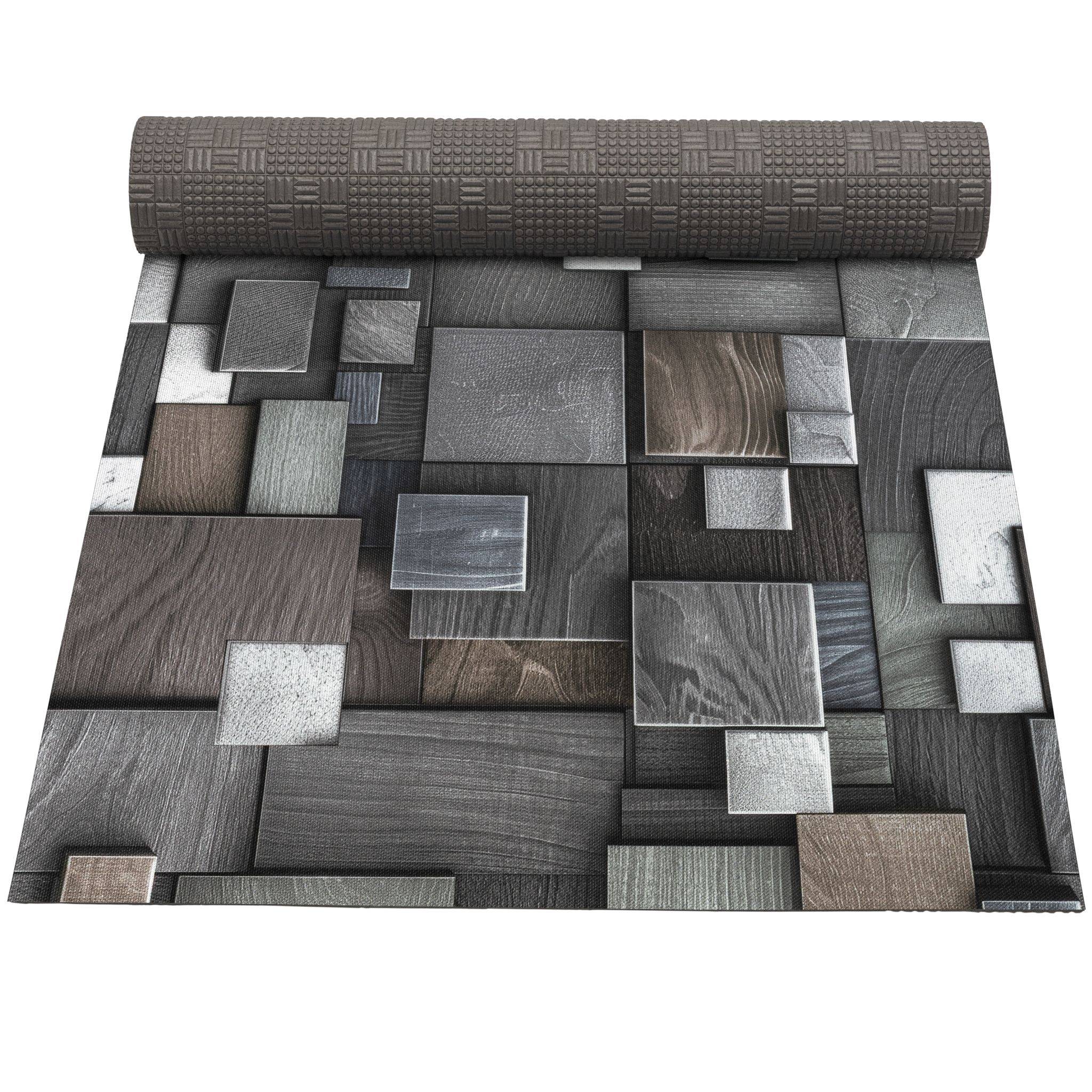 Gerollte Matte aus Mosaik-Vinyl-Bodenbelag in Grau und Braun mit Holz- und Steinoptik im rechteckigen Fliesenmuster.