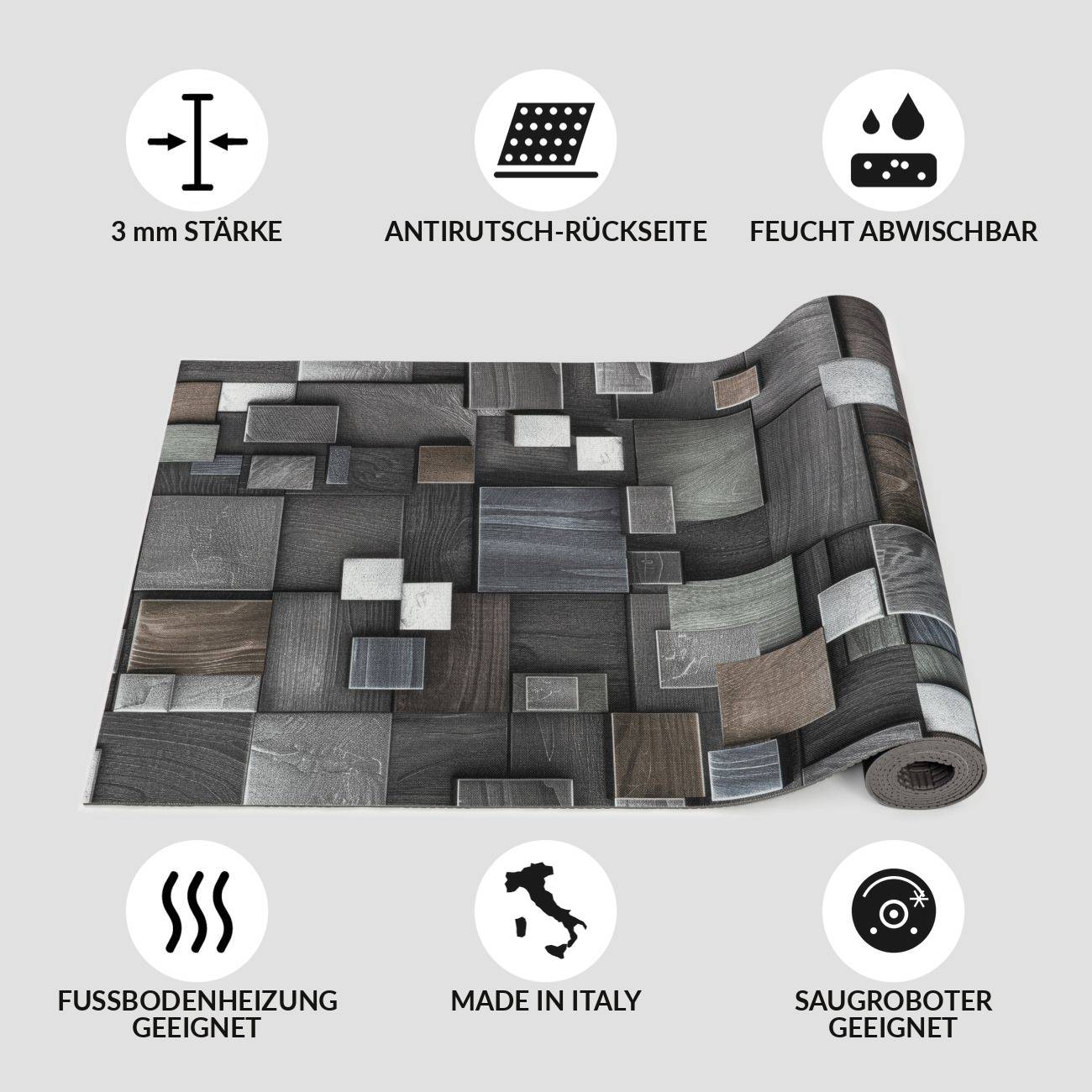 Grauer gemusterter Vinyl-Bodenmattenstoff mit Symbolen für 3 mm Dicke, rutschfeste Rückseite, abwischbar, unterbodenheizungskompatibel, hergestellt in Italien und roboterstaubsaugersicher.