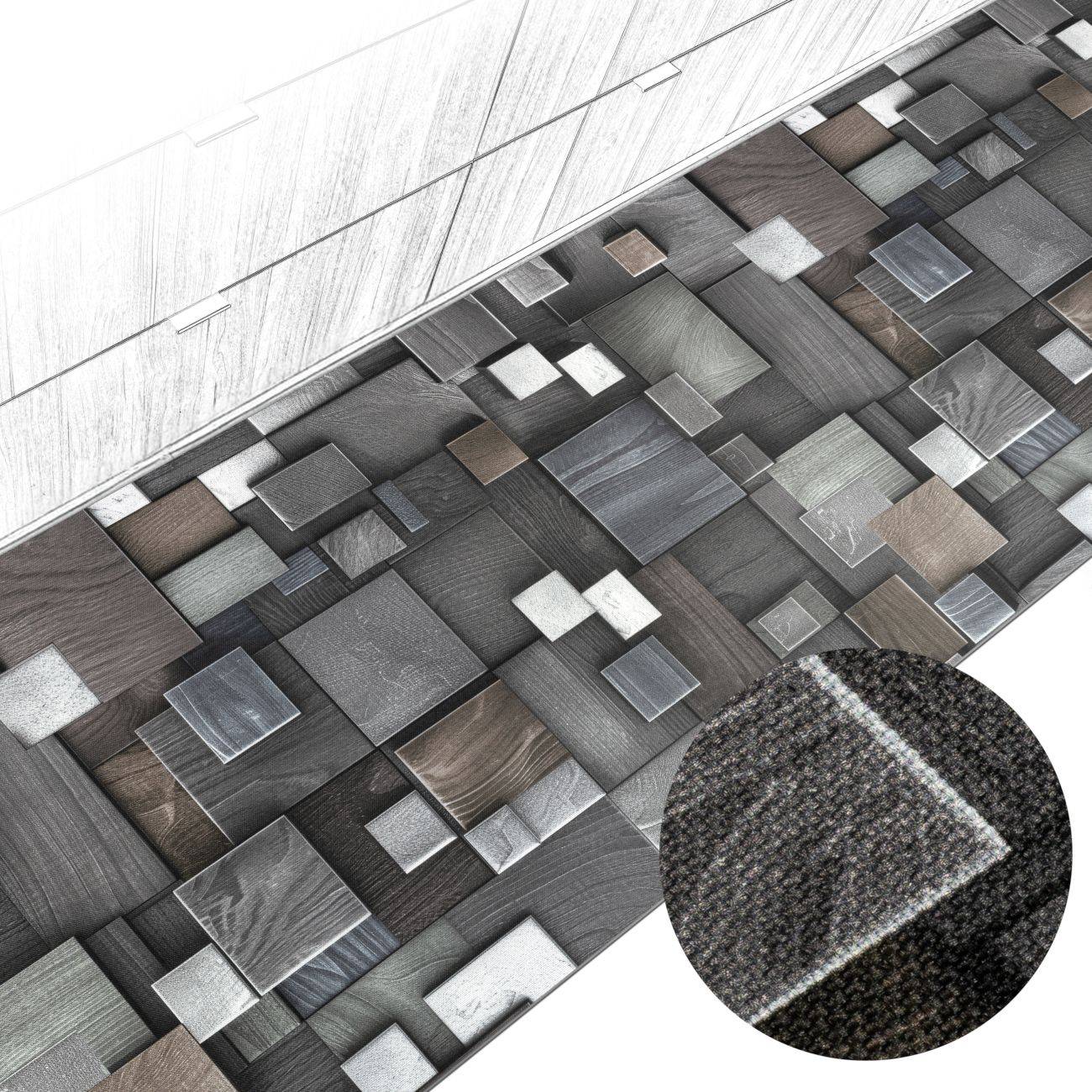 Strukturierte Wandverkleidung mit einem gewebten geometrischen Fliesenmuster in Grau-, Schwarz- und Holztönen, gezeigt mit einer vergrößerten Gewebedetail-Einfügung.