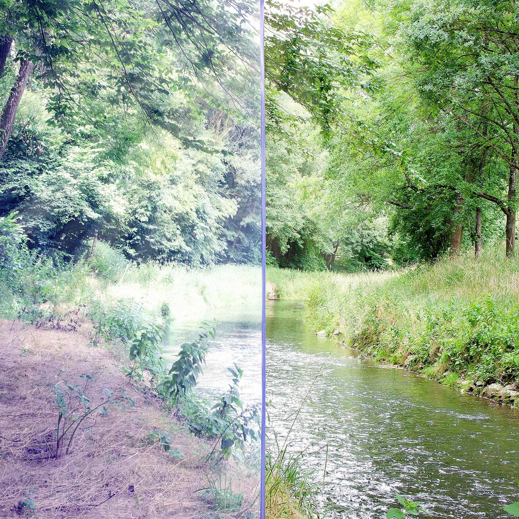 Geteiltes Bild, das denselben bewaldeten Bach vor und nach der Restaurierung zeigt: links überwuchert und trocken, rechts klareres Wasser mit üppigen Ufern.