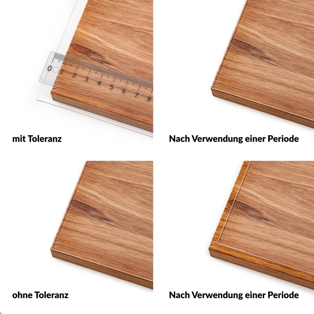 Vierfeld-Vergleich einer Holzbrettkante mit Beschriftungen „mit Toleranz", „ohne Toleranz"" und „Nach Verwendung einer Periode"", die dimensionale und Oberflächenunterschiede zeigt.