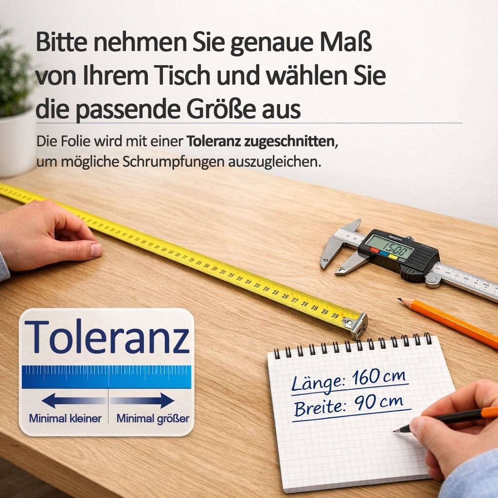 Anleitung zur Grafik zeigt das Ausmessen eines Tisches zur Wahl der richtigen Größe; der Text besagt „Toleranz" und „Länge: 160 cm, Breite: 90 cm"" mit einem Stahlmaßstab und einer Schieblehre.