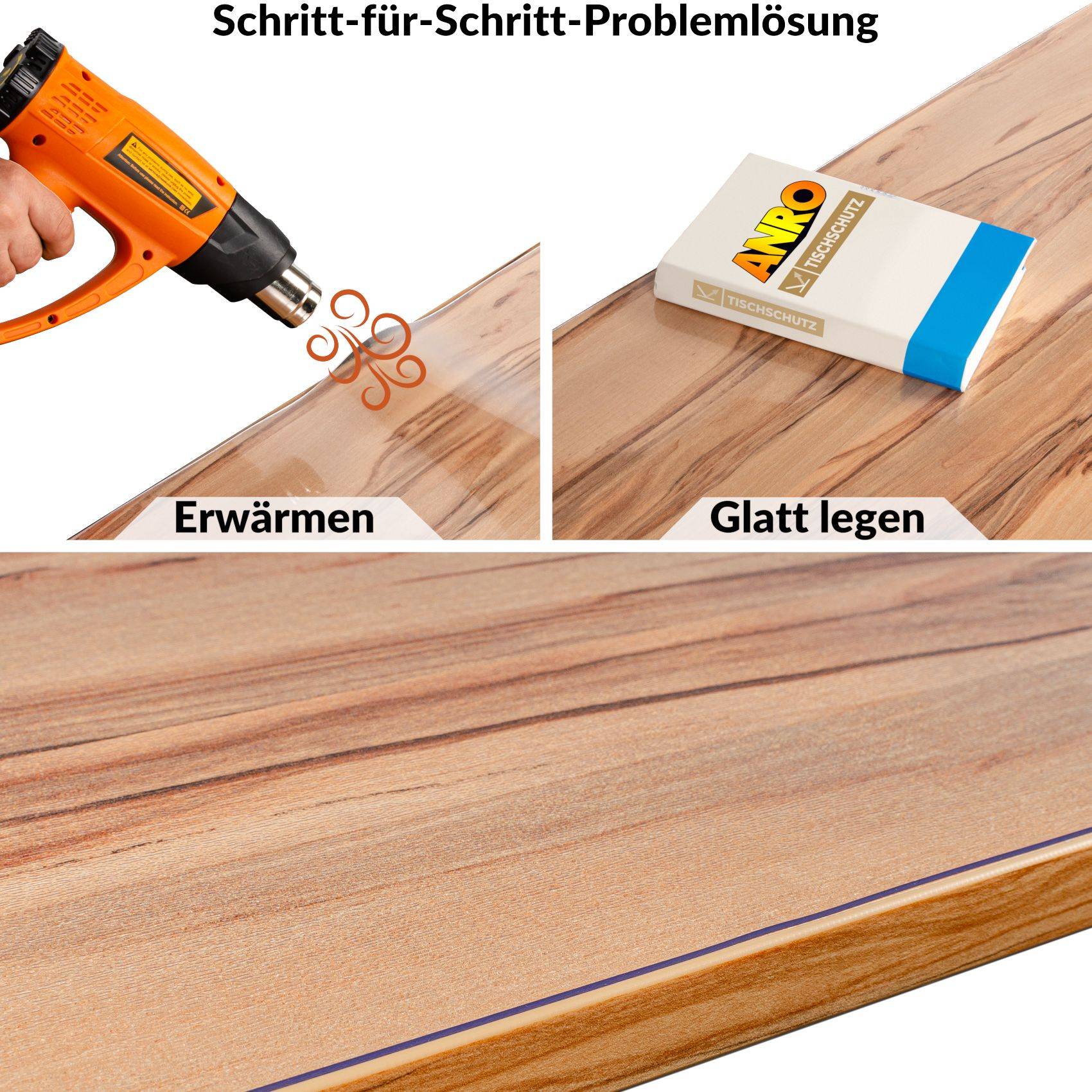 Schrittweise Holzbodenreparatur: Das beschädigte Holz mit einem Heißluftfön erhitzen, dann mit einem Reparaturblock glätten, um die Oberfläche wiederherzustellen.