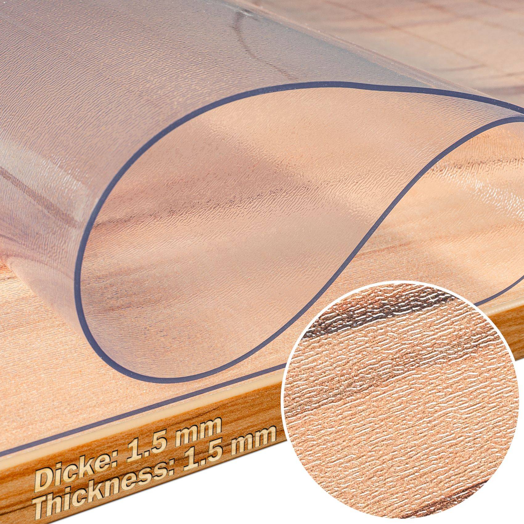 Nahaufnahme eines durchscheinenden Netzstoffes mit feiner Textur, mit Text, der „Dicke: 1,5 mm" und „Thickness: 1.5 mm"" liest und die Materialdicke angibt.