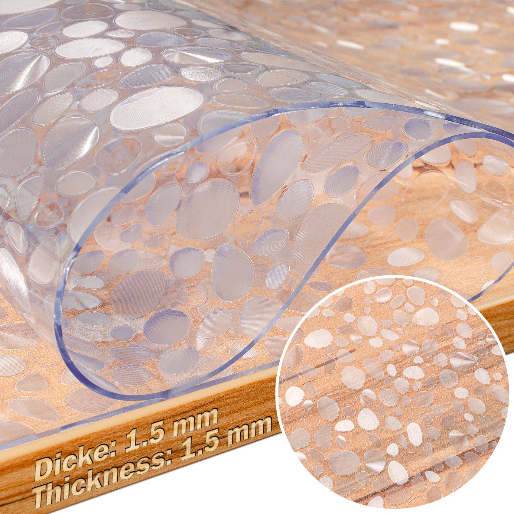 Transparente, blastenstrukturierte Kunststofffolie auf Holz, mit gekennzeichneter Dicke von „1,5 mm" und einer Nahaufnahme des gemusterten Oberflächenausschnitts.