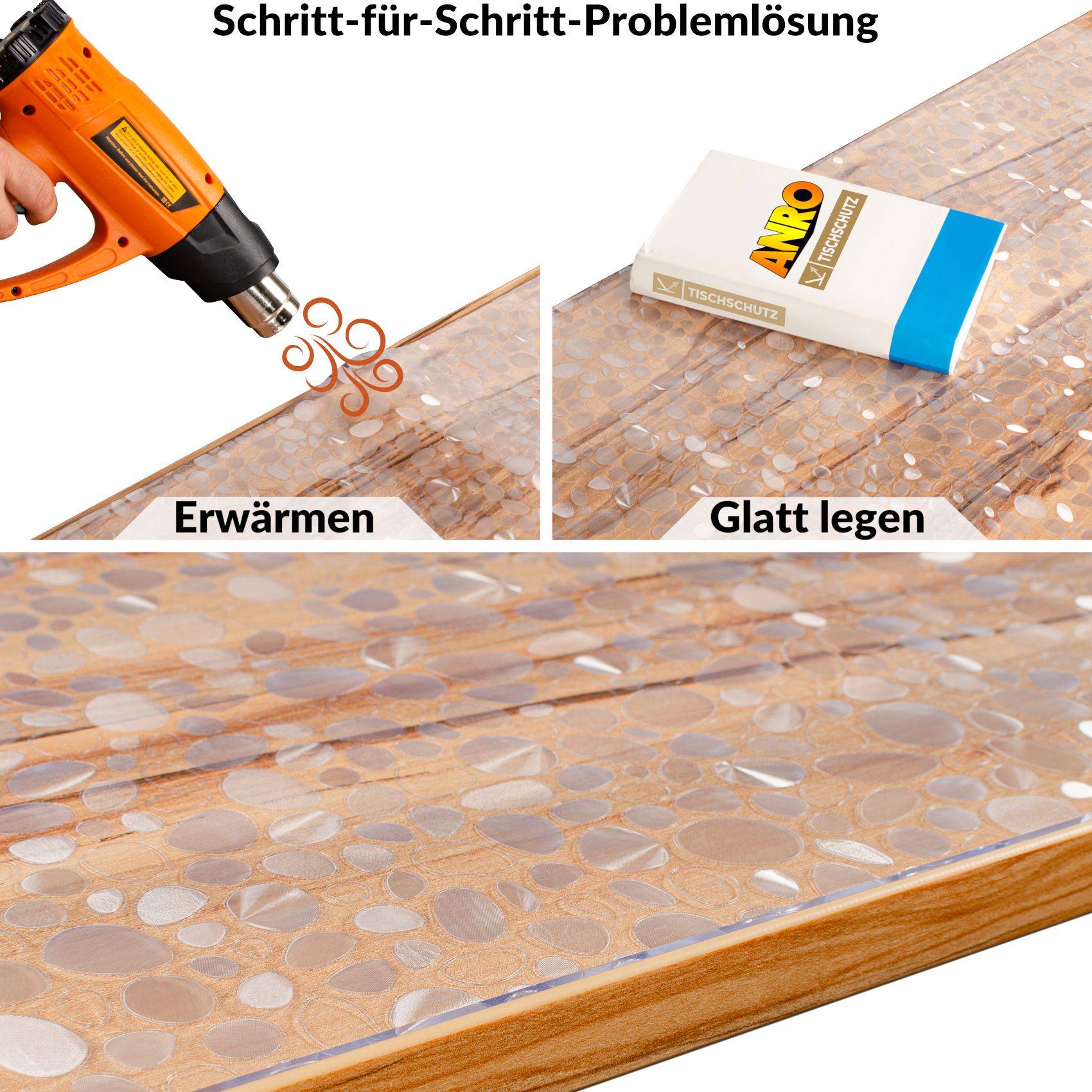Schritt-für-Schritt-Reparaturanleitung: Erhitzen Sie die verbeulte Oberfläche mit einer Heißluftpistole, dann glätten Sie sie mit einem Block flach.