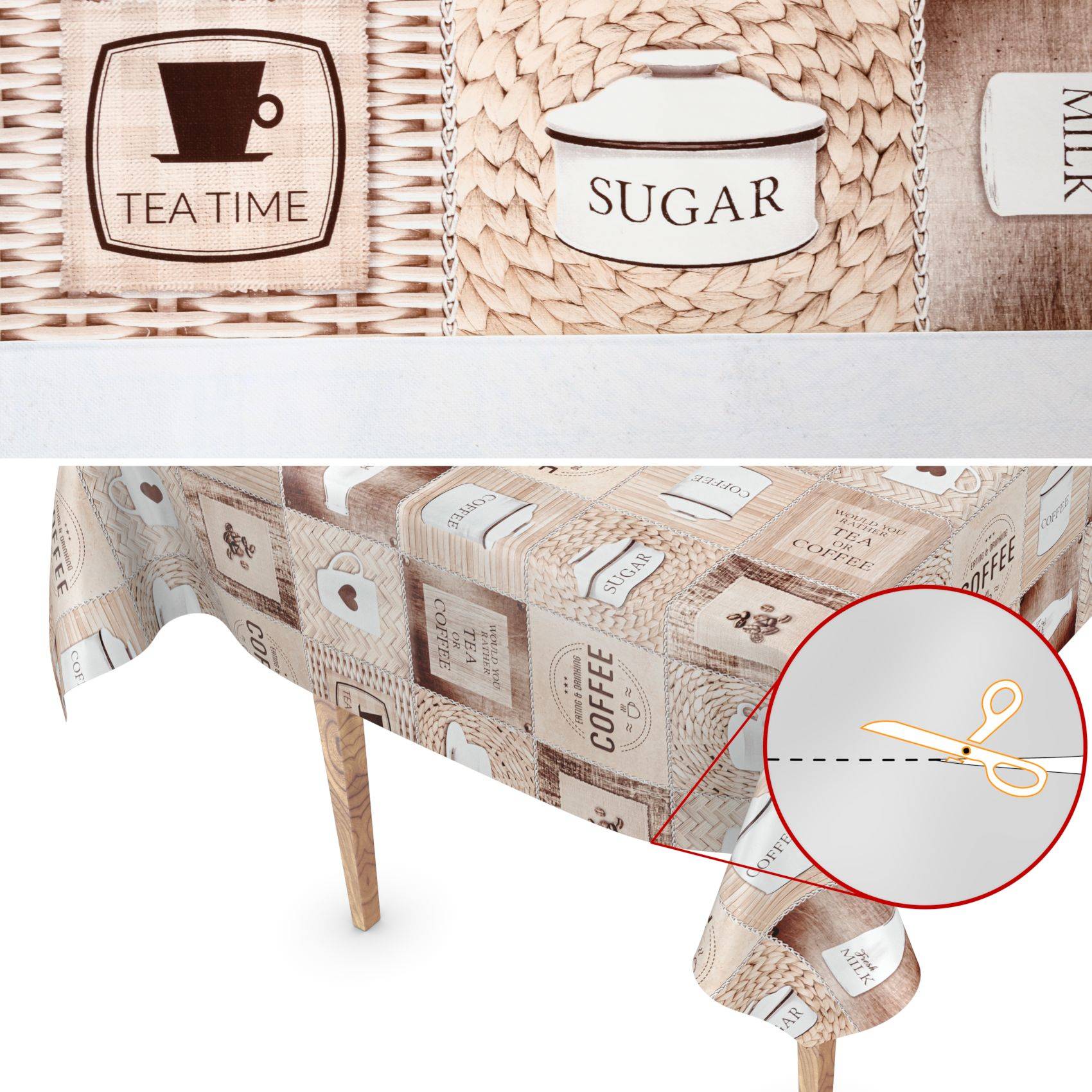 Nahaufnahme einer gewebten Tischdecke mit Etiketten für Tee, Zucker und Milch; die Vergrößerung zeigt eine Schere, die die Stoffkante entlang einer gestrichelten Linie schneidet.