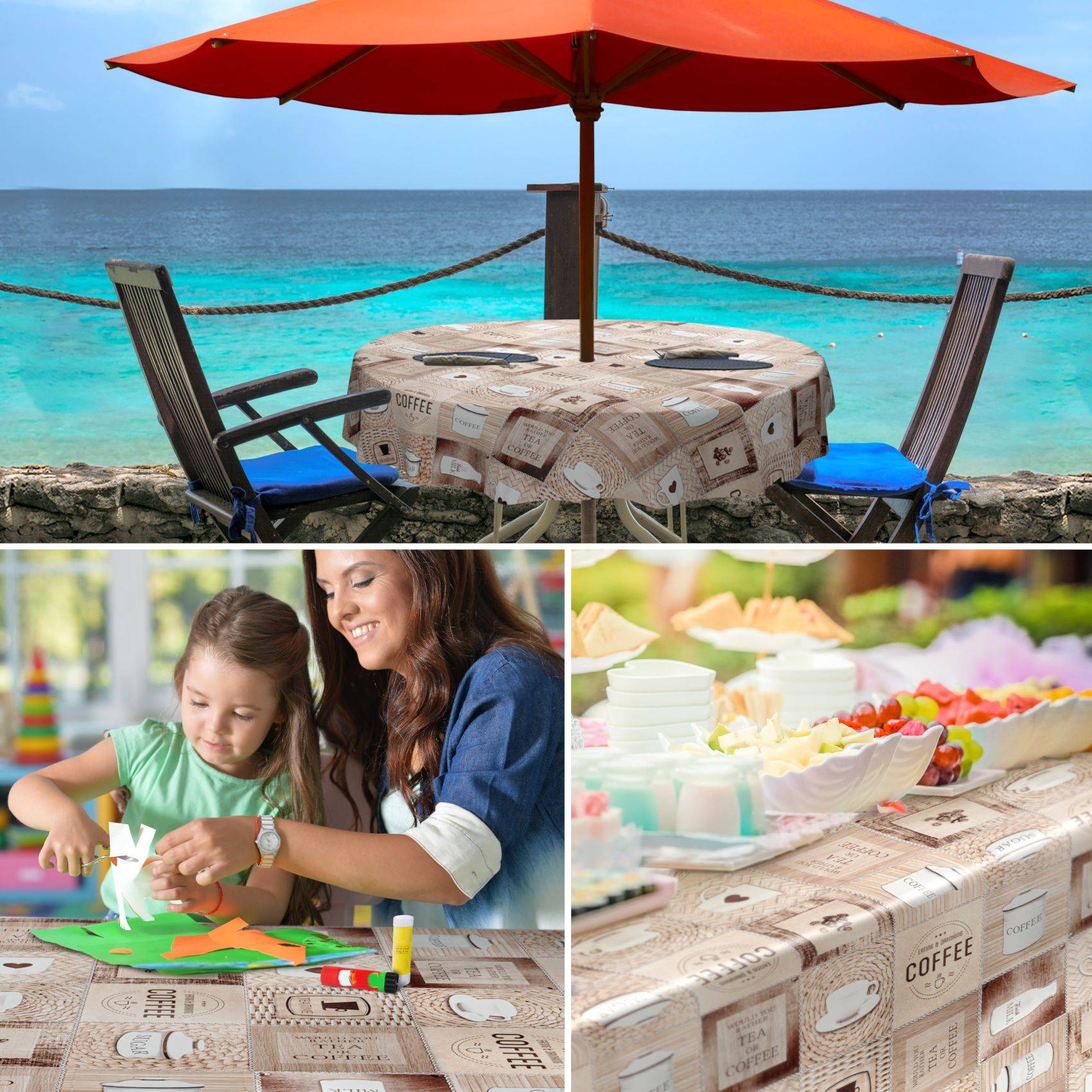 Collage von Strandcafé und Handwerk: Tisch mit Meerblick und rotem Schirm, eine Frau und ein Kind beim Kunsthandwerk, und ein Dessert-Tisch mit Papierwaren.
