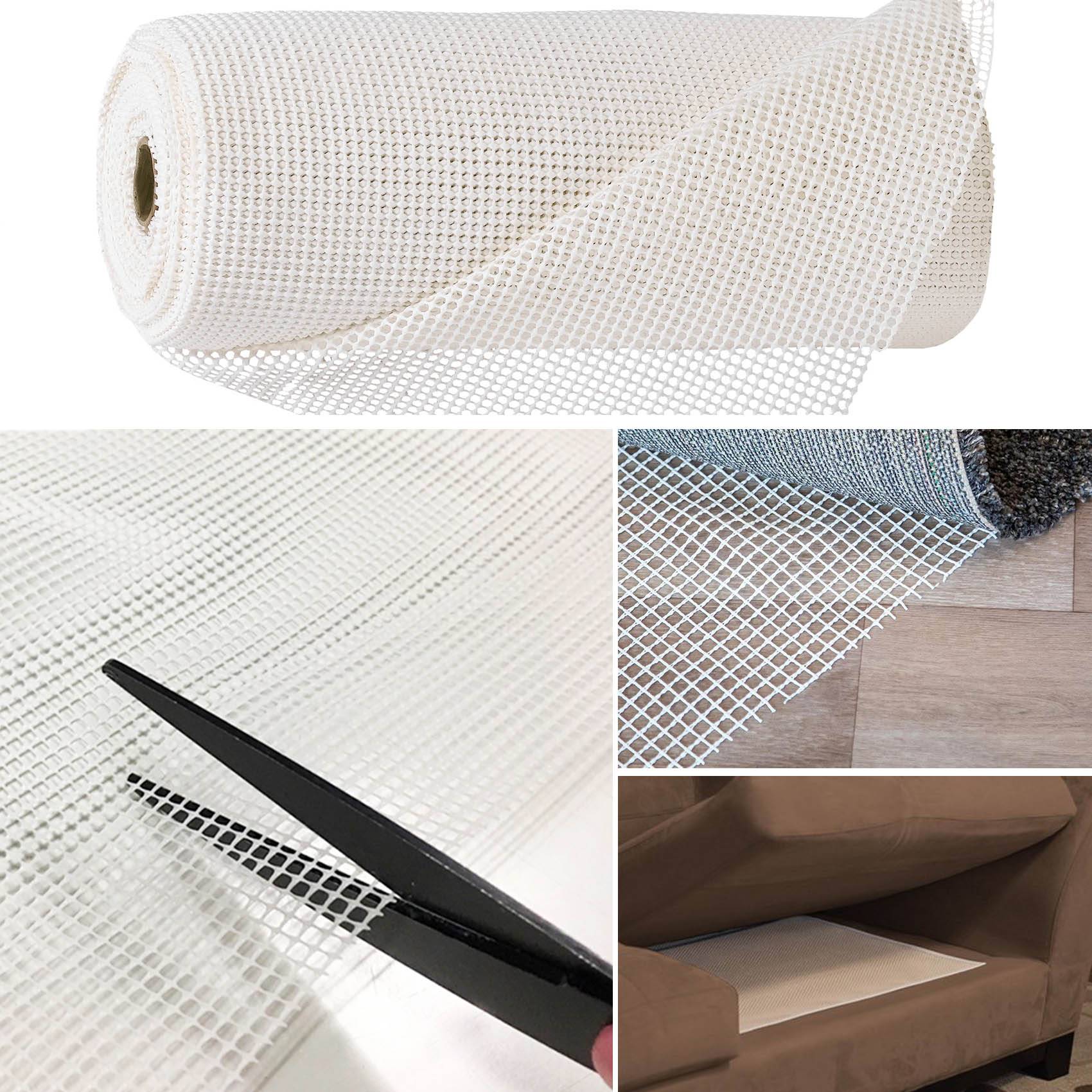 Rolle aus weißem rutschfestem Netzfolienmaterial in Nahaufnahme sowie installiert auf Regalen und einem Sofa, um zu verhindern, dass Gegenstände verrutschen.