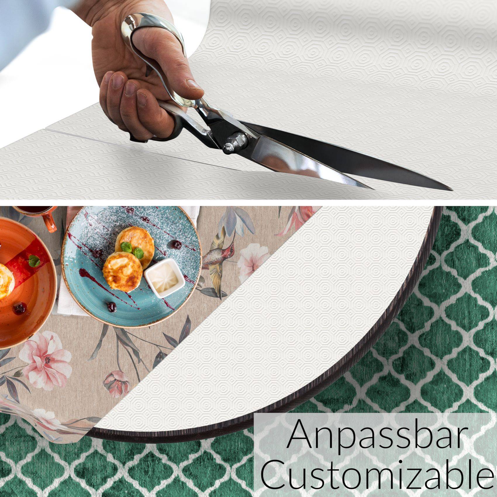 Schere schneidet weißen Stoff über einer kreisförmigen Collage aus gemusterten Tischdekorationen, mit dem Text „Anpassbar Customizable", das ein anpassbares Design anzeigt.