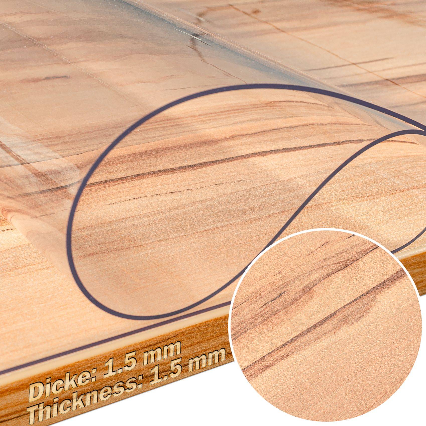 Nahaufnahme eines 1,5 mm dicken Holzmaserungspanels mit vergrößertem Ausschnitt, der die Oberflächenstruktur und das Dickenetikett hervorhebt.